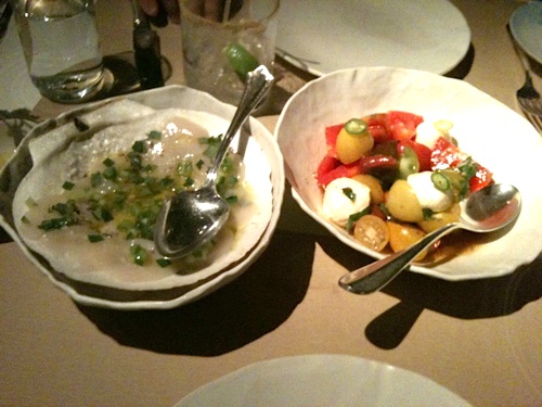 Maine diver scallops and market chilies. Fresh mozzarella and heirloom tomatoes with basil