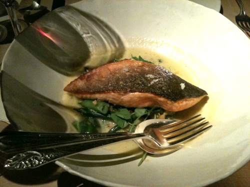Sauteed Arctic Char, Summer Beans, lime and spicy corn broth